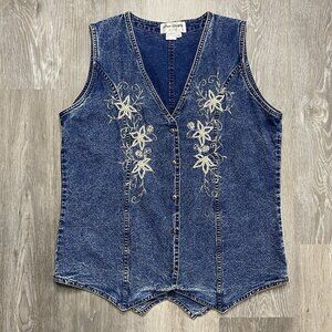 Vintage Silver Stream Denim Jean Vest Embroidered Sparkle Beaded Women's Large